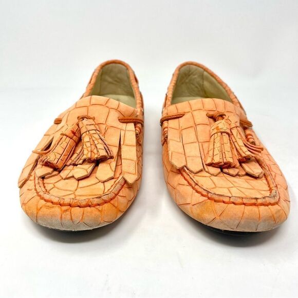 BOEMOS Orange Nubuck Croc Embossed Tassel Loafer Driving Moccasins Size 37 - Picture 3 of 11